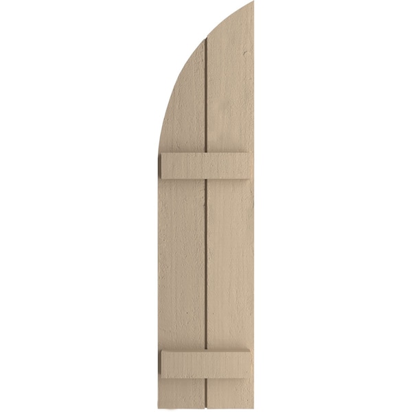 Rough Cedar 2 Board Joined Board-n-Batten W/Quarter Round Arch Top Faux Wood Shutters, 11W X 52H